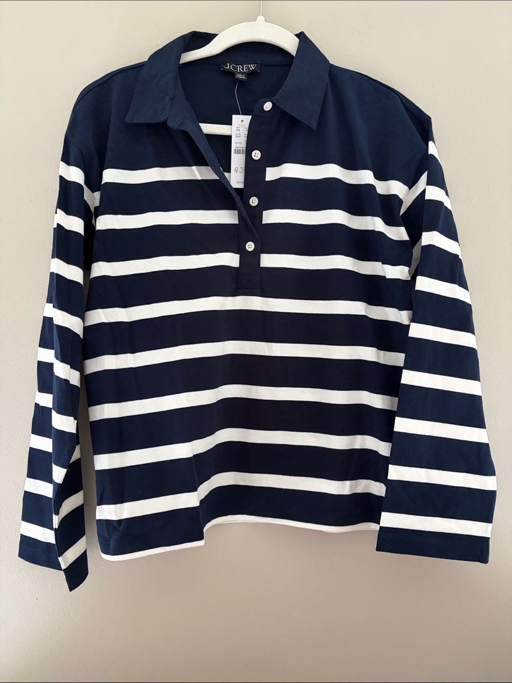 NWT J. Crew Navy & White Striped Long-Sleeve Polo Shirt Small